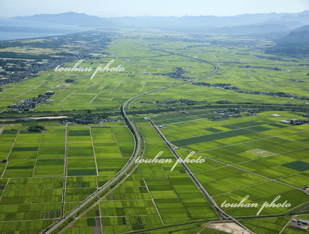 越後平野(加治川より中条方面)中央は日本海沿岸東北自動車道(2011/8)