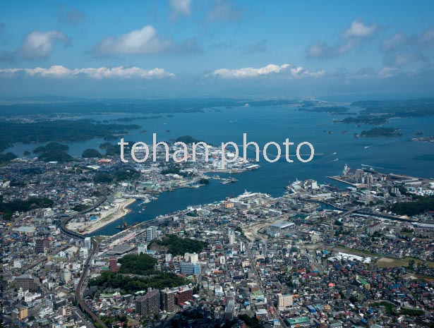 塩釜市街地（本塩釜駅と塩釜港）周辺より松島湾方面(2016/8)