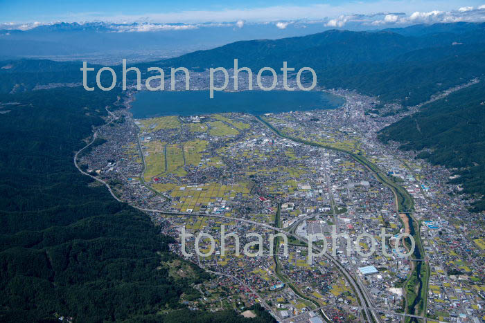 諏訪市街地より諏訪湖,岡谷市街地,下諏訪方面(2019/9)