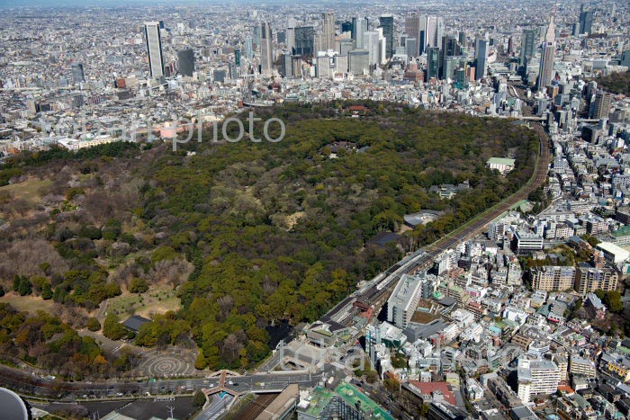 原宿駅周辺と代々木公園と新宿ビル群方面(2020/3)