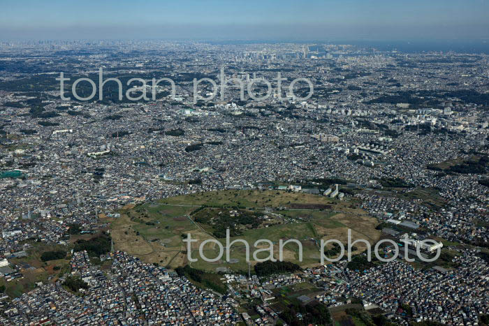 旧深谷通信所跡地(円形の敷地)周辺より横浜の街並み(2021/10)