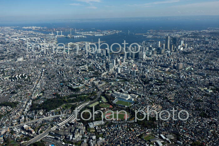 三ツ沢公園周辺より横浜駅と横浜港方面(2021/10)