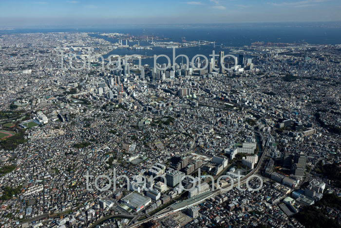 星川駅,天王町周辺より横浜駅と横浜港方面(2021/10)