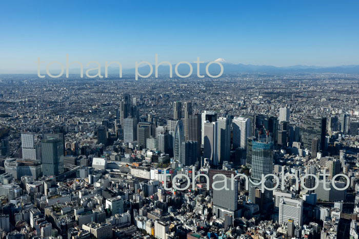 新宿駅と西口高層ビル群より東京の街並みと富士山(2021/11)