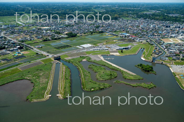 水の郷〔さわら〕地区と利根川より香取市の町並み(2022/05)