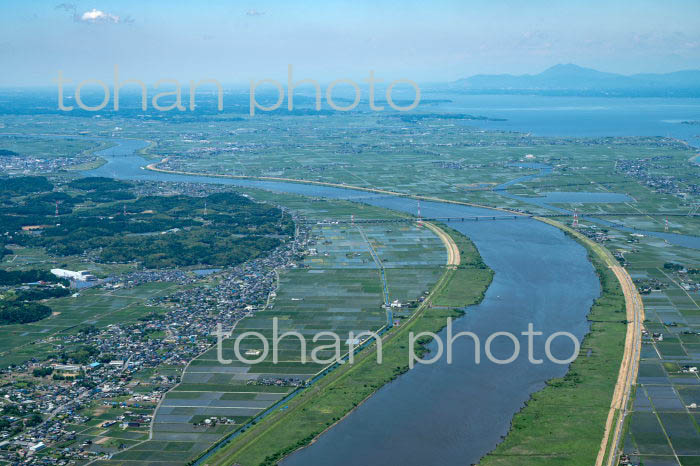 香取市の水田(三ノ分目,大倉,地区)と利根川,利根川橋,筑波山方面と関東平野(2022/05)