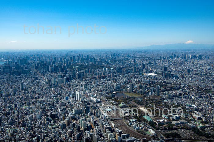 満開の桜の上野恩賜公園と上野駅周辺より東京の街並みと富士山(2020/3)