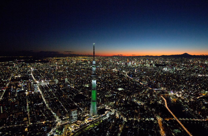 夜の東京スカイツリーより東京の街並みと富士山(東京都墨田区)