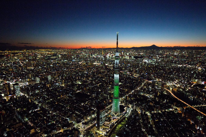 夜の東京スカイツリーより東京の街並みと富士山(東京都墨田区)