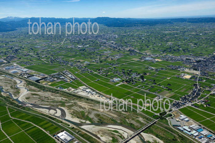 庄川と砺波平野(中田橋より砺波駅方面)